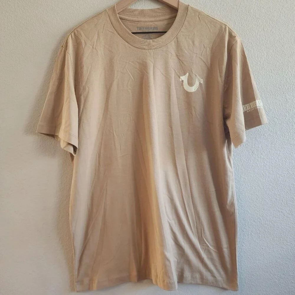 True Religion Shirt Mens Large Tan Buddha Rhinestone Graphic Tee Short Sleeve